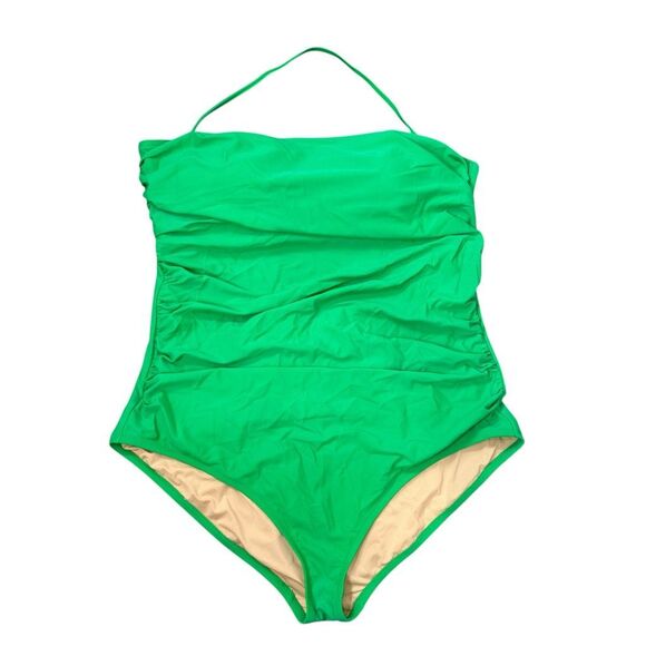 J. Crew Swimsuit Womens 2X Plus Kelly Green Strapless Ruched One Piece Bathing - Picture 2 of 16